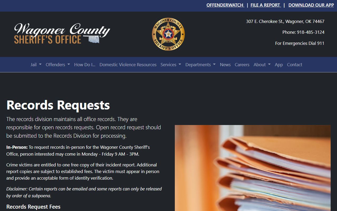 Wagoner County Sheriff records request page with arrest report fees and rules