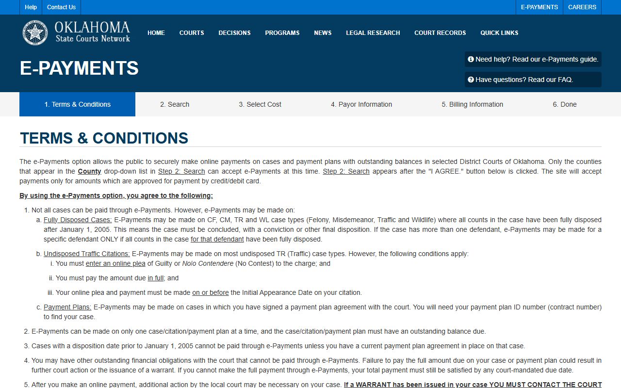OSCN e-payments terms page used to pay Wagoner County court dockets