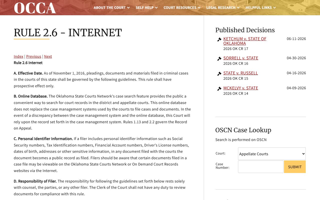 Wagoner County court records and OCCA Rule 2.6 on online dockets and protected identifiers