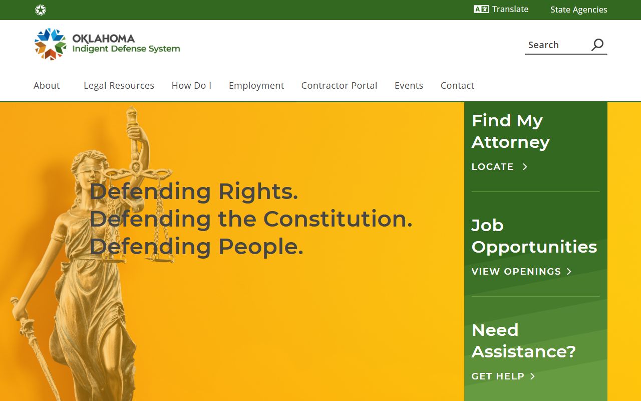 Oklahoma Indigent Defense System homepage explaining appointed counsel for Wagoner County criminal court records