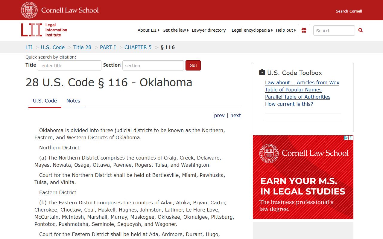 28 U.S.C. 116 statute listing Wagoner County in the federal district that borders the District Court