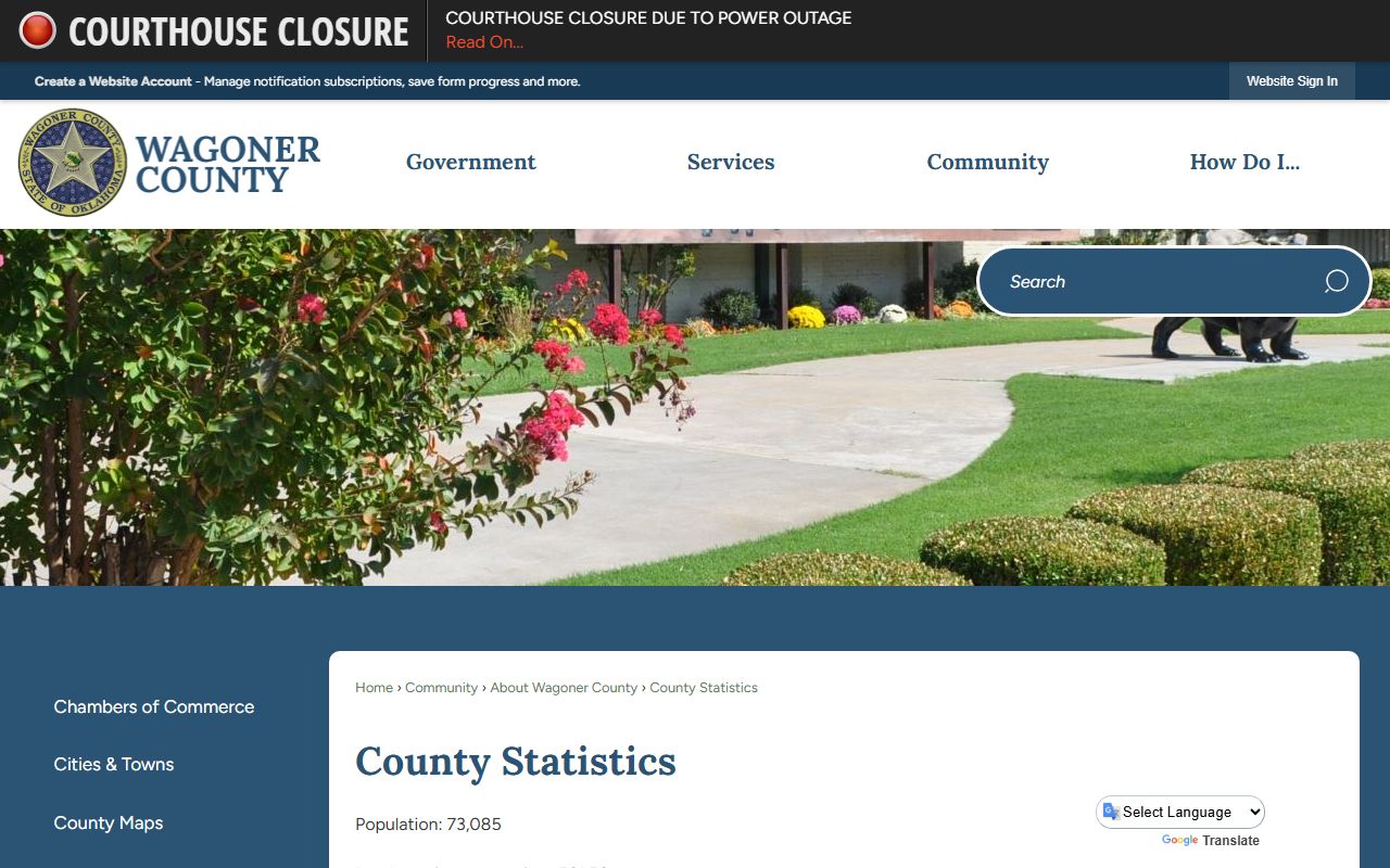 Wagoner County District Court county statistics on population and land area