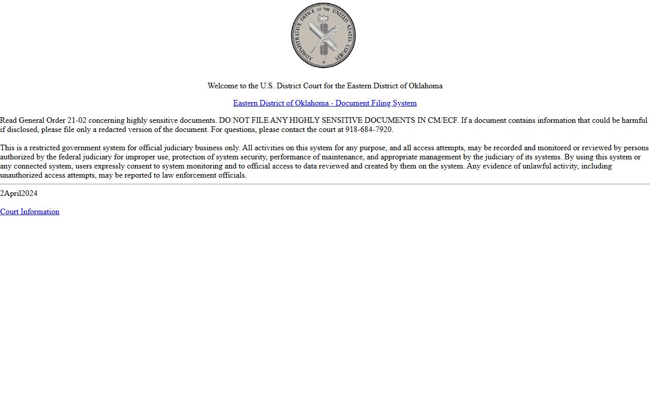 Wagoner County federal court records CM/ECF login for the Eastern District of Oklahoma