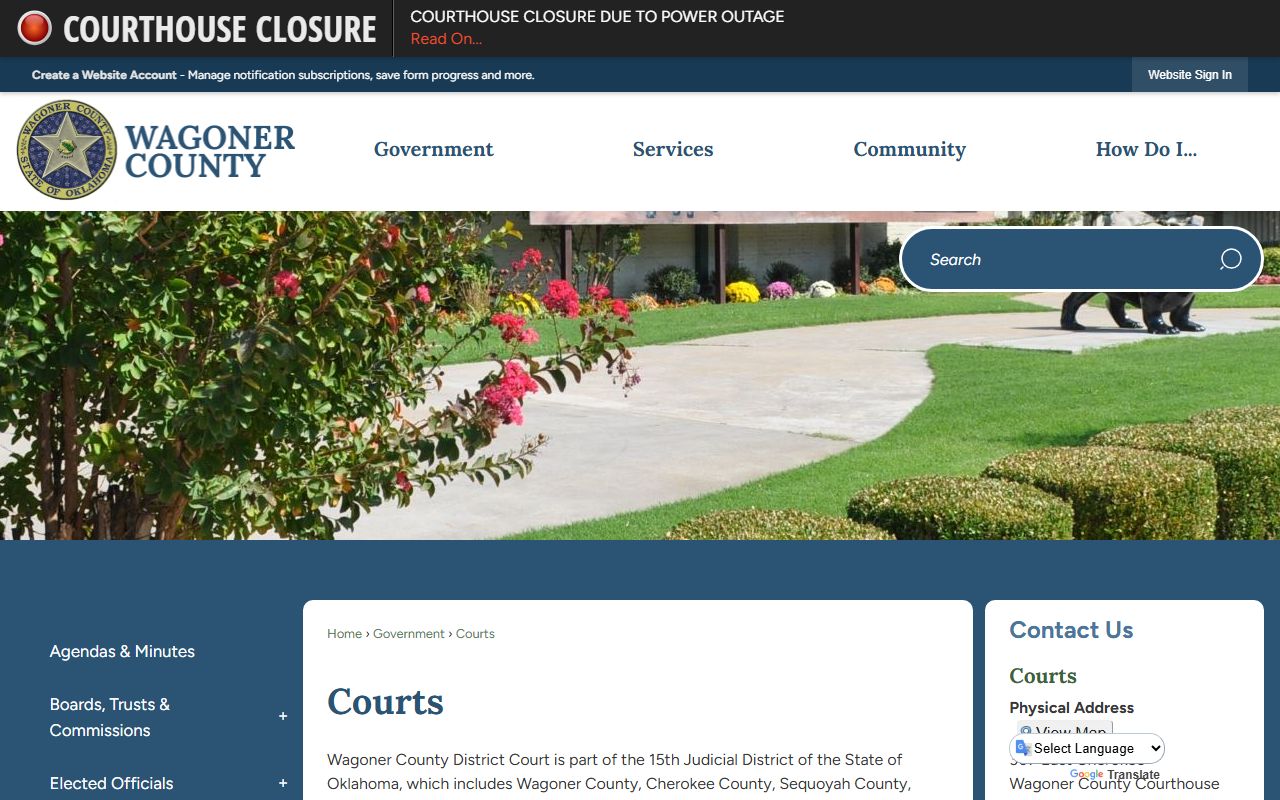 Wagoner County Court page with judges and specialty court contacts