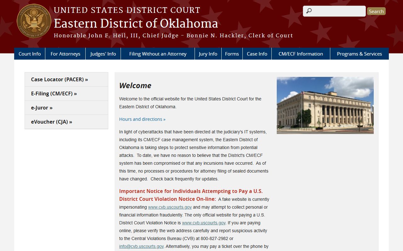 Eastern District of Oklahoma federal court homepage covering Wagoner County