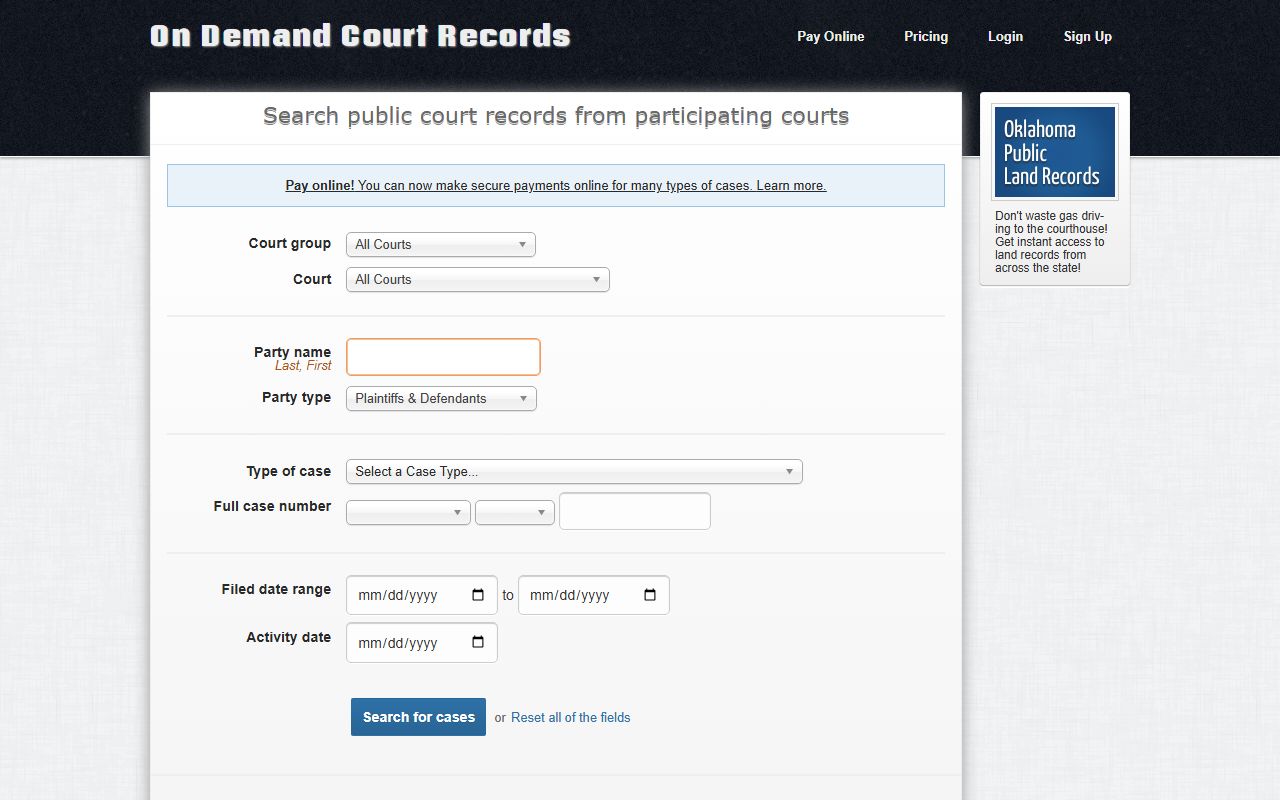 On Demand Court Records search portal for Wagoner County Court cases