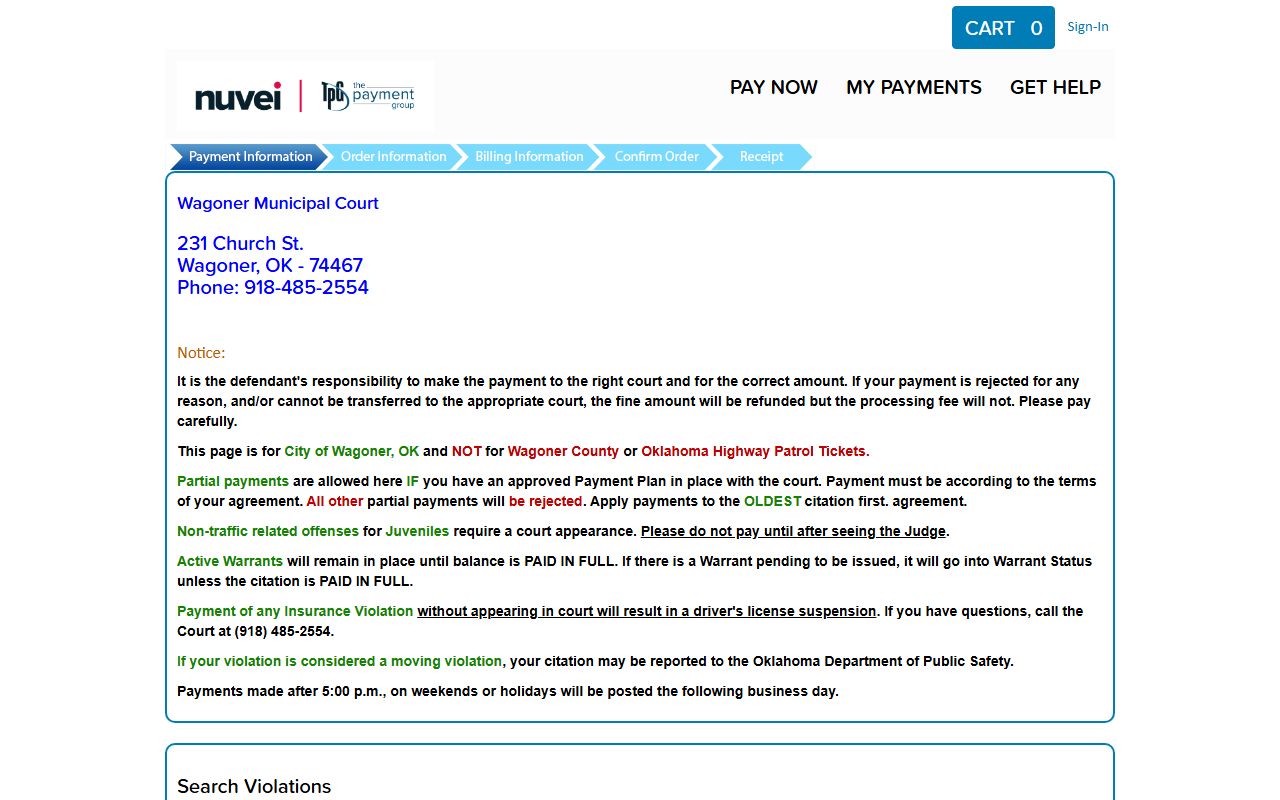 Wagoner County warrant status notice on the City of Wagoner traffic payment page