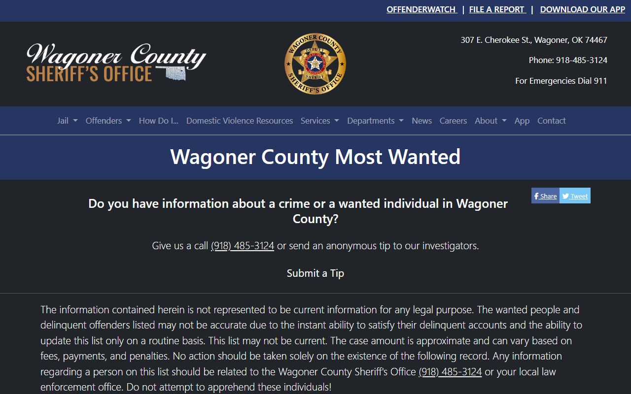 Wagoner County warrant most-wanted list on the sheriff's office website